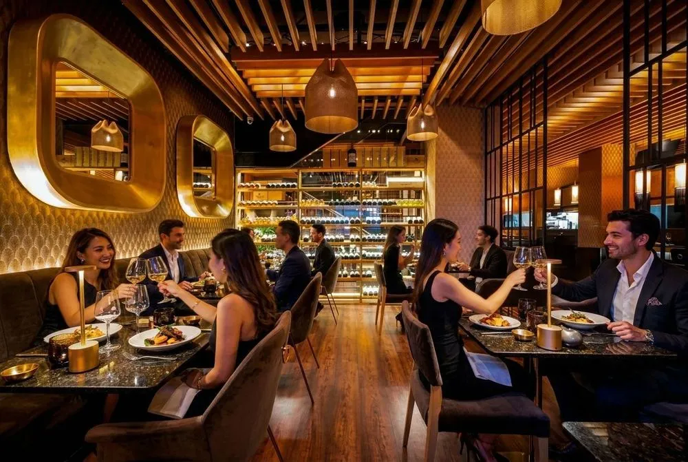 Comensales brindan en un restaurante elegante y cálido, con acentos dorados y estantes de vinos